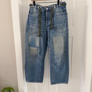 Free People We The Free Moxie Low Slung Barrel Jeans Blue Patchwork Rope Belt 27